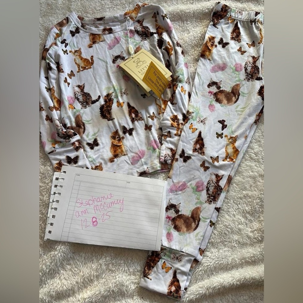 Little Snuggles 2 cats Adorable White Pajama Set with Cat and Butterfly Design